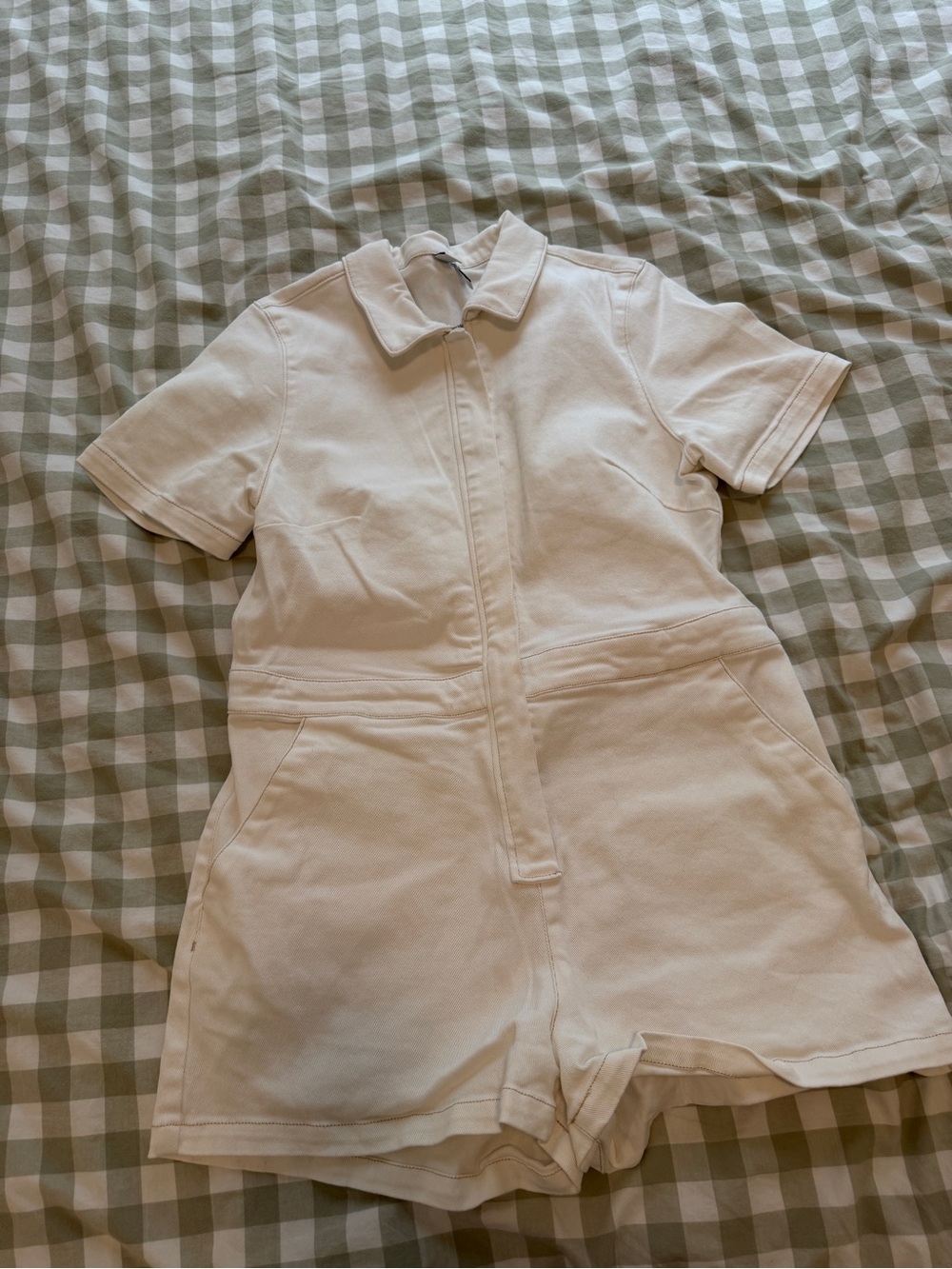 twik Cream Short Sleeve Zip-Front Romper